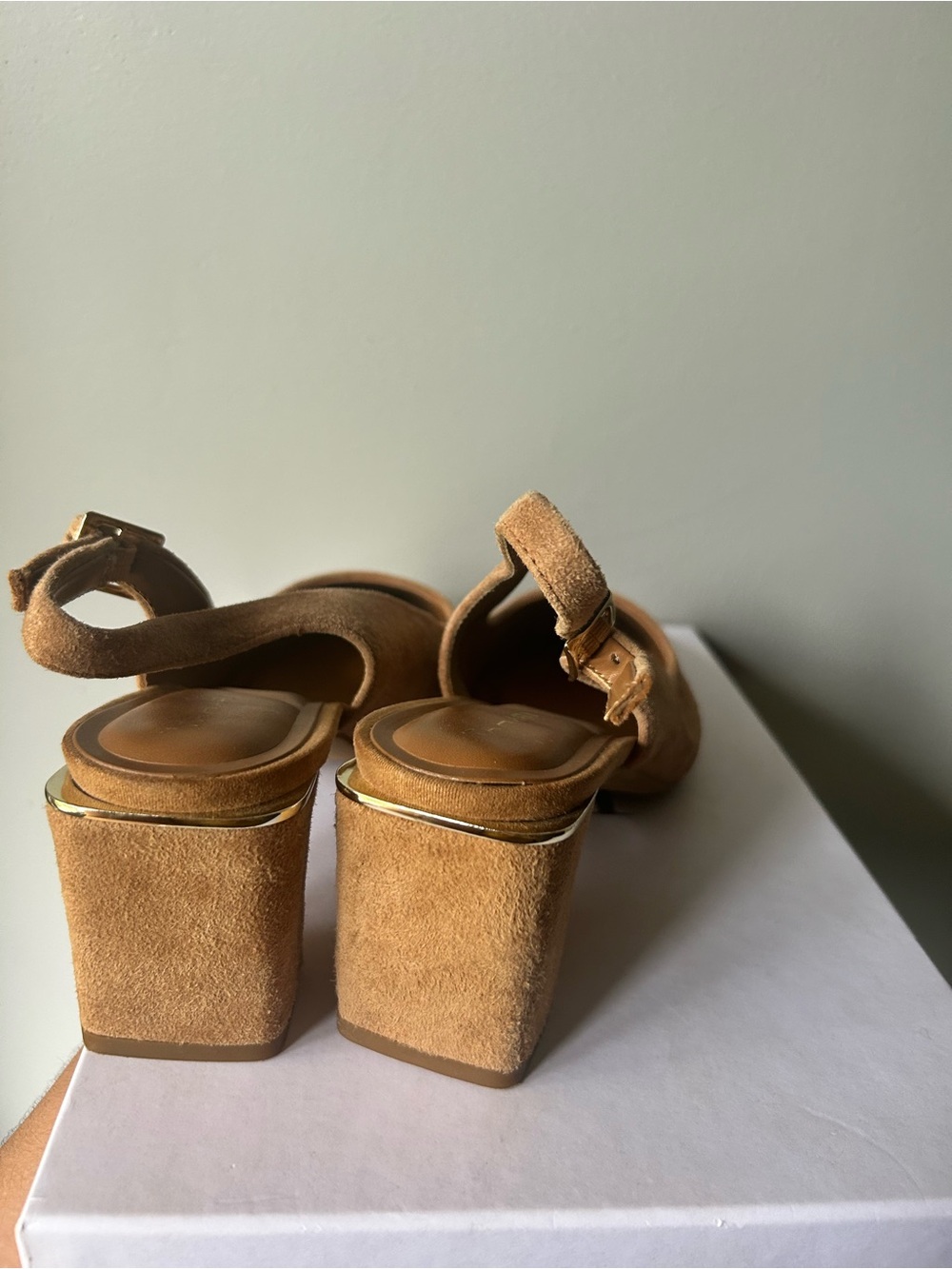 Tahari Camel Suede Slingback Block Heel Mules - Picture 4 of 6
